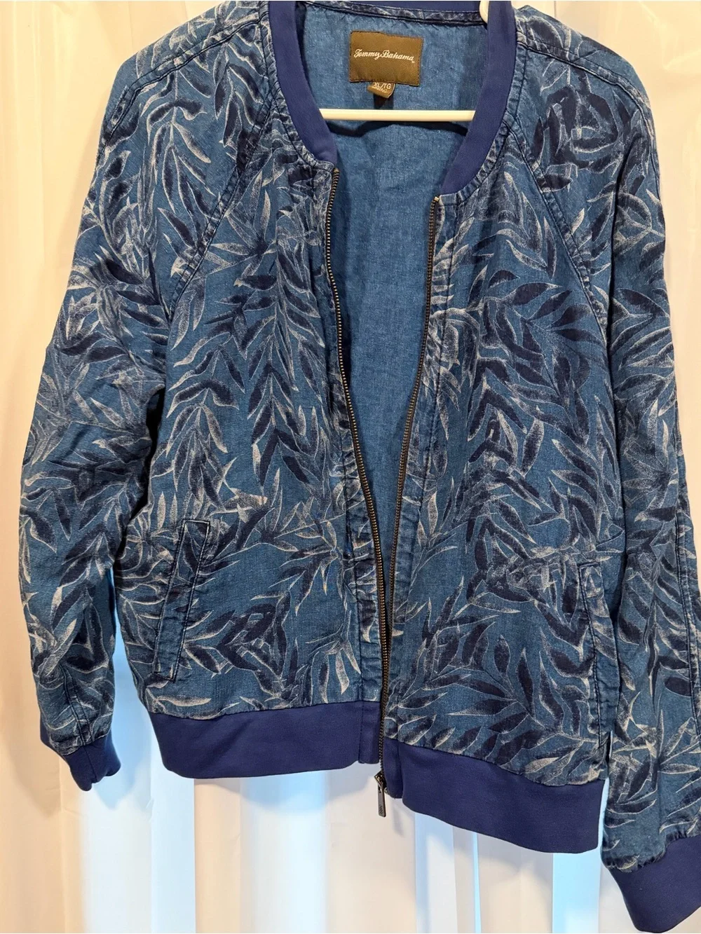 Tommy Bahama Women's XL Linen Zip Up Lightweight Jacket Blue Tropical Boho